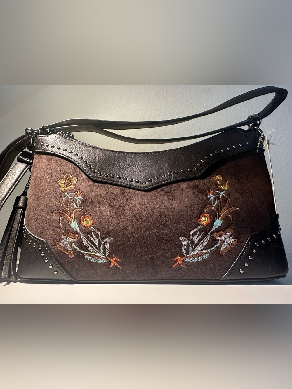 Sam & Hadley Embroidered Brown Suede Shoulder Bag NWT